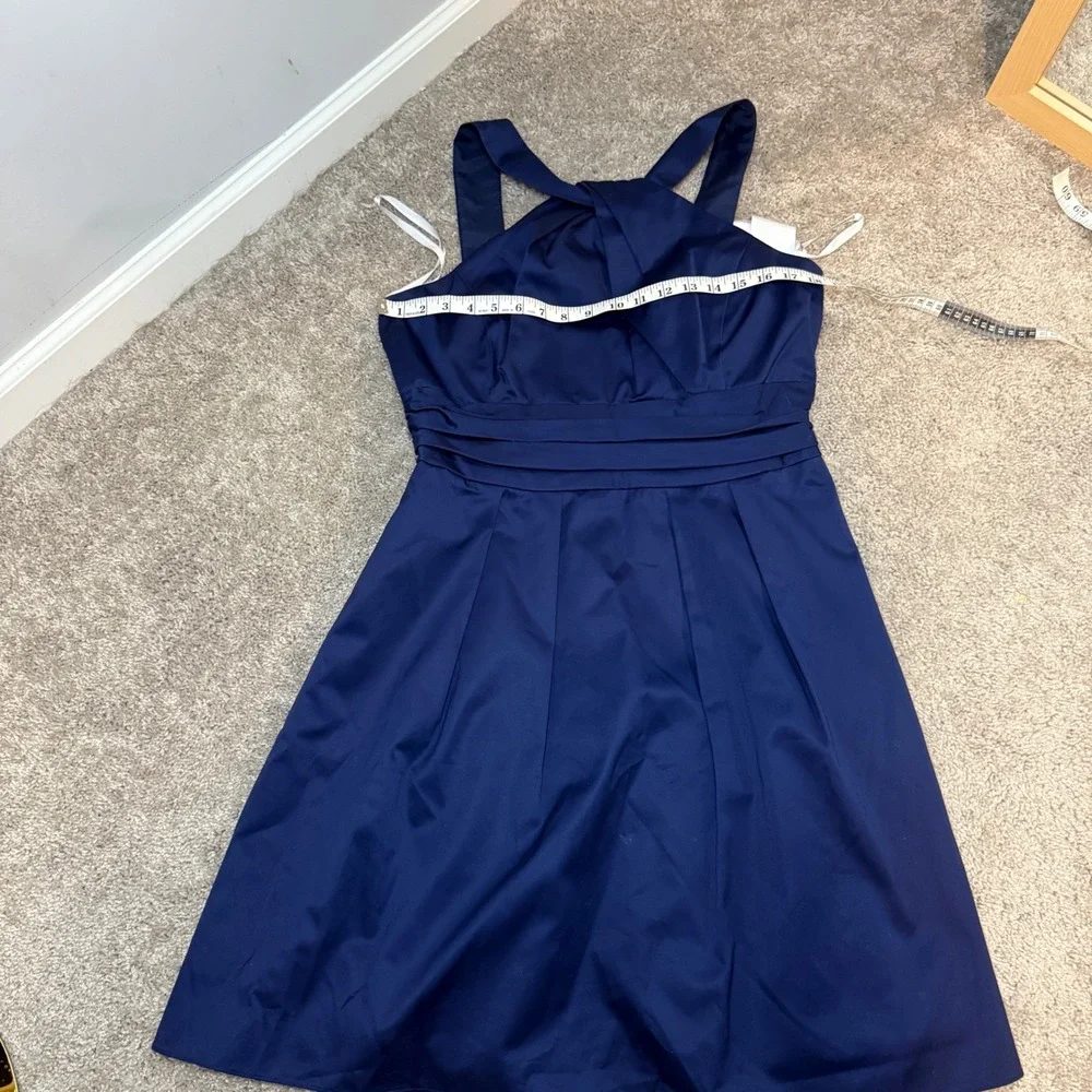 Davids Bridal Marine‎ Navy Blue Cotton Sateen Y-Neck Halter Dress 83690 Size 14